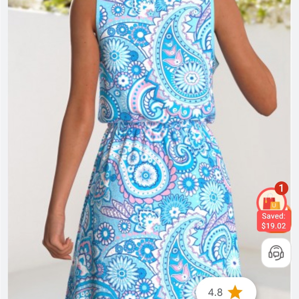 MODLILY® Light Blue Drawstring Paisley Print Short Sleeveless Dress